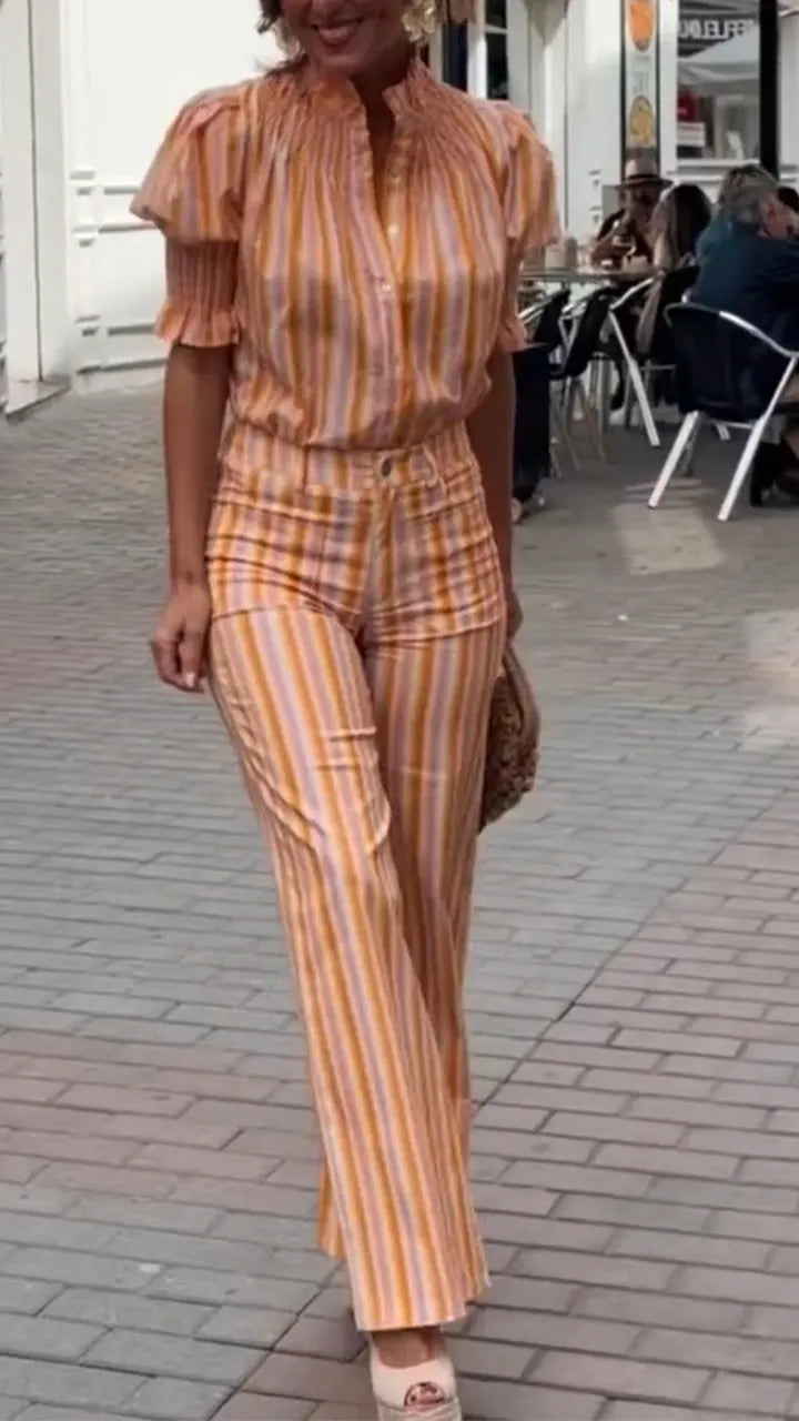 Women Round Neck Vertical Stripe Top + Pants Casual Set with Temperament