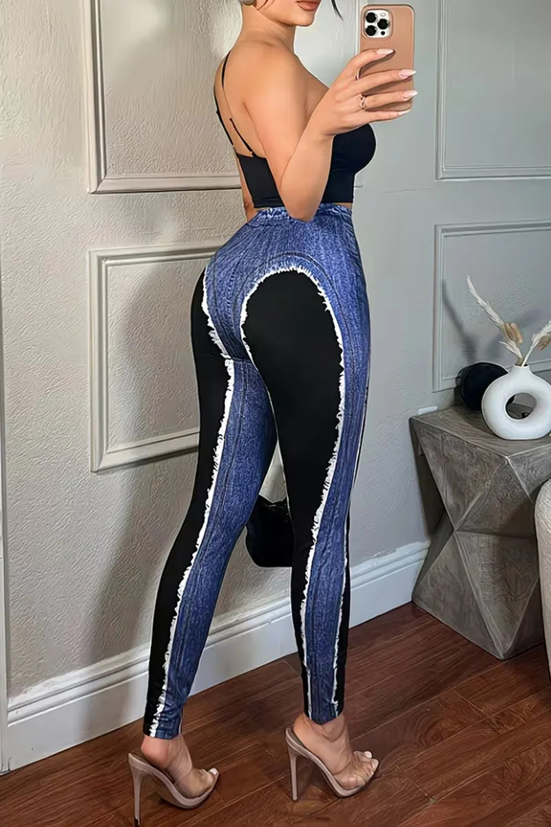 Women High Waist Color Block Fringe Trim Contrast Skinny Jeans