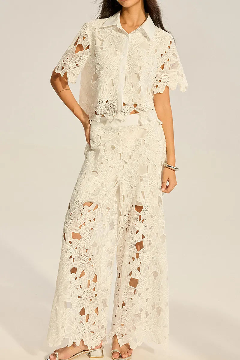 Women's Hollowed Out Collar Short Sleeved Vacation Top Or Hollow Out Textured Wide Leg Trousers