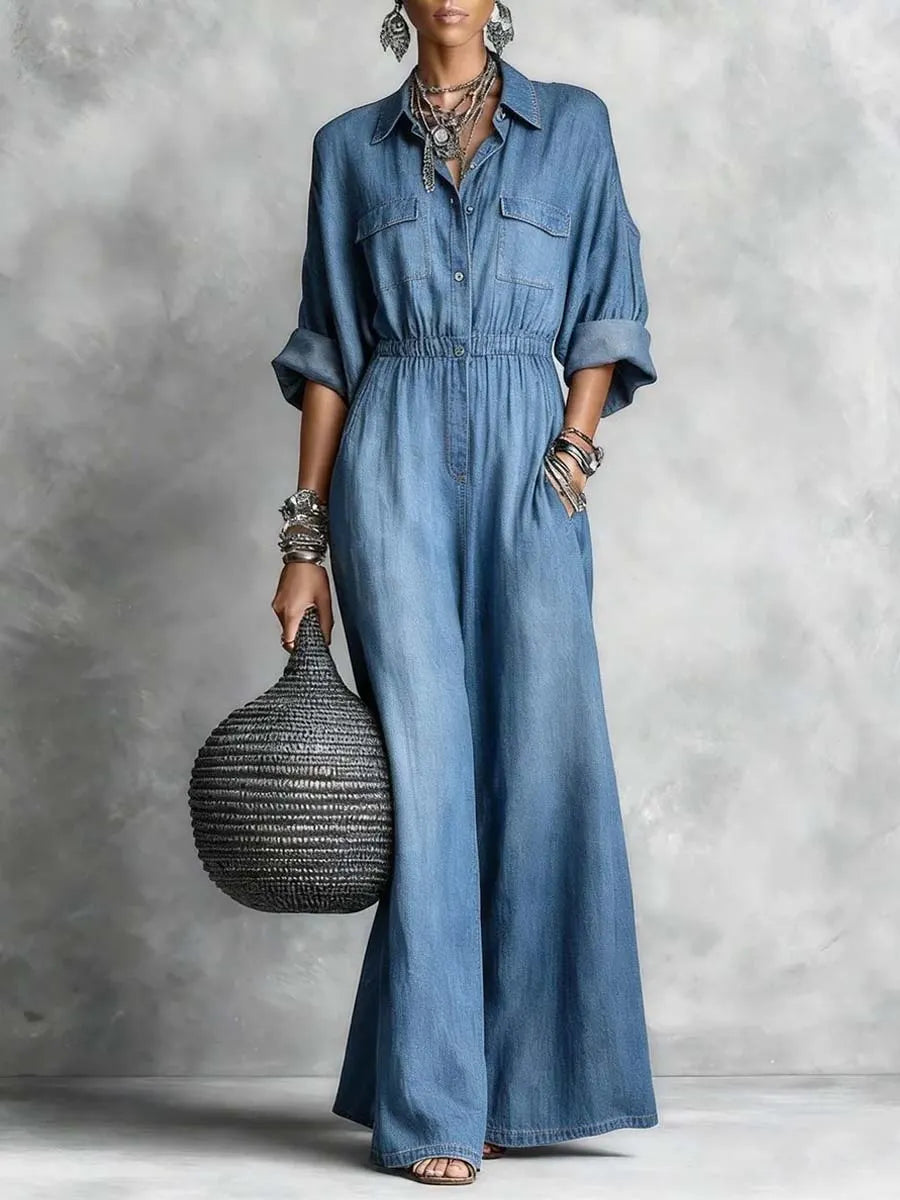 Women's Retro Casual Long Sleeve Lapel Stylish Denim Jumpsuit