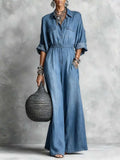 Women's Retro Casual Long Sleeve Lapel Stylish Denim Jumpsuit