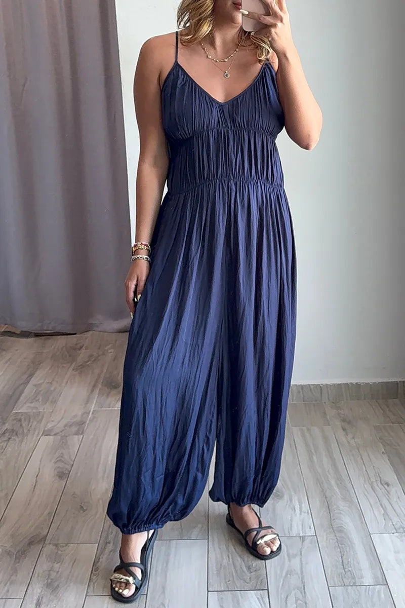 Women's Casual Loose Fit Denim Jumpsuit With Spaghetti Straps And Cuffed Hems
