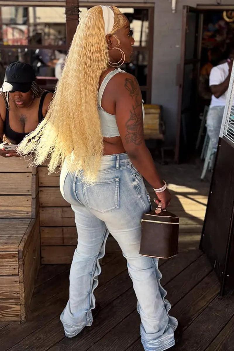 Women Street Fashion Multi Pocket Straight Leg Jeans