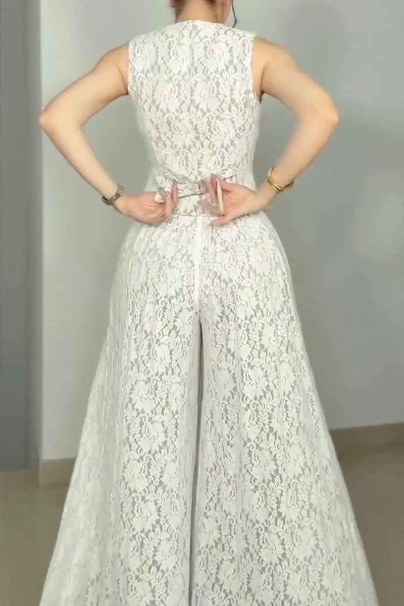 Women's Elegant V-Neck Vest Wide Leg Pants Lace Two-Piece Set