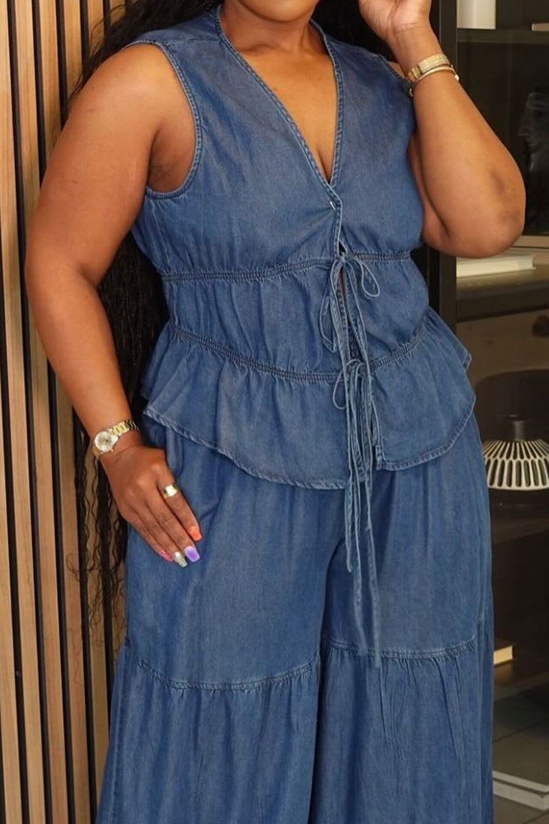 Women's Casual Tie Back Vest & Tiered Wide Leg Jeans
