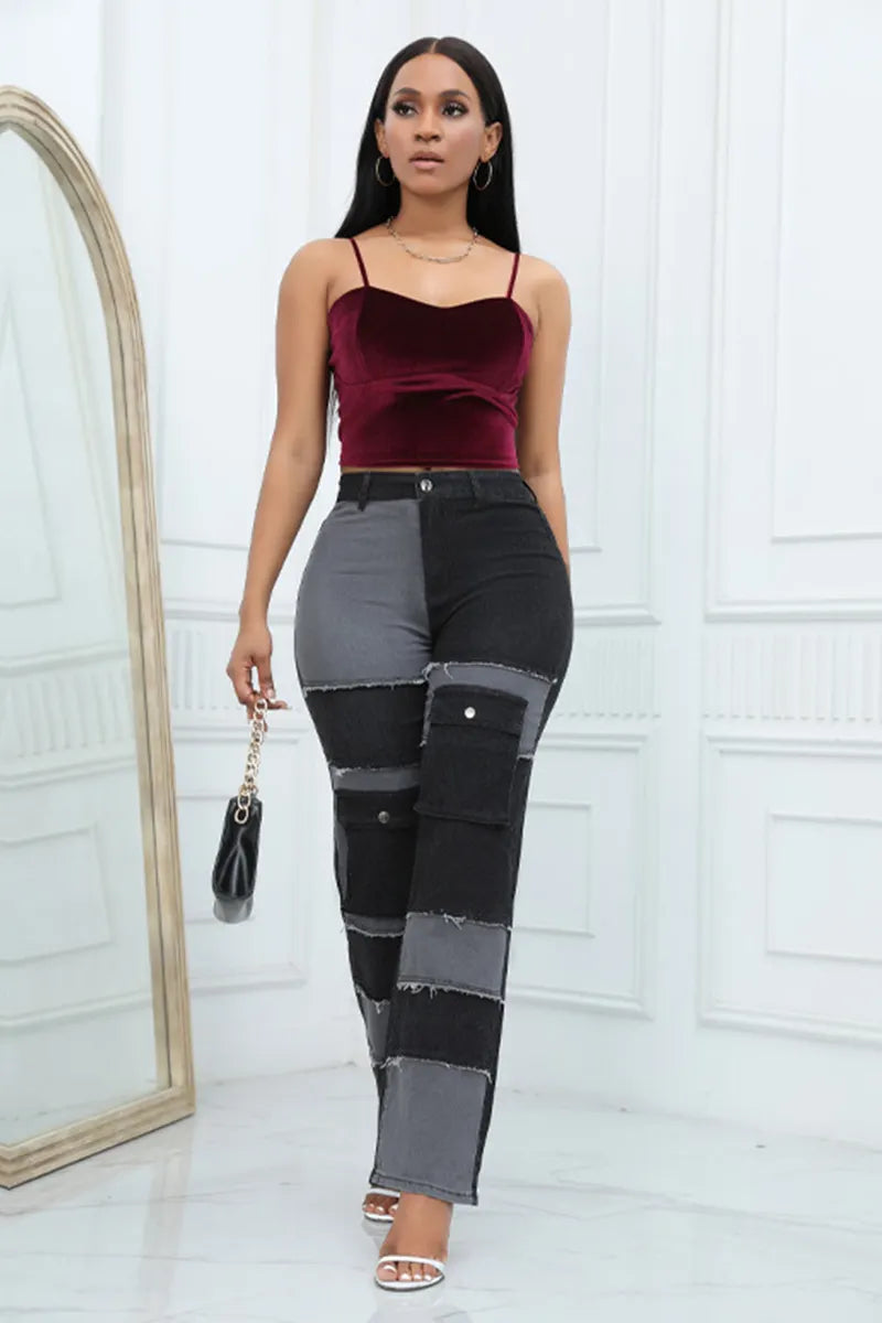Designer Color Block Raw Hem Straight Leg Jeans