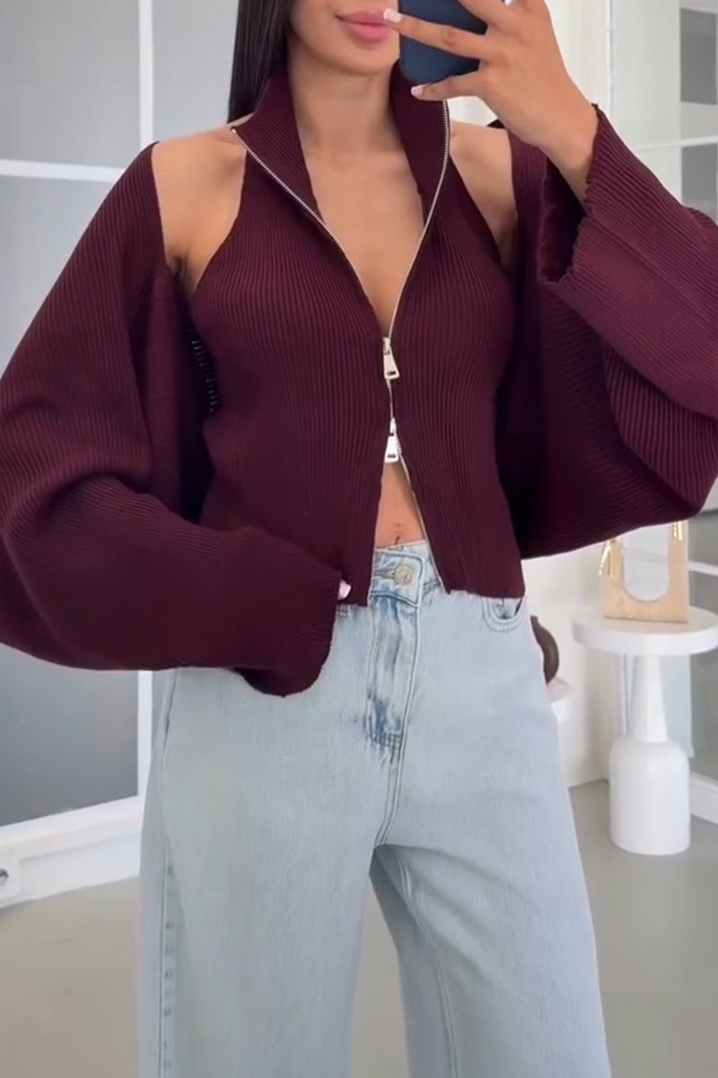 Women's Neck Zip Knit Vest+ Cardigan Casual Top Two-piece Set