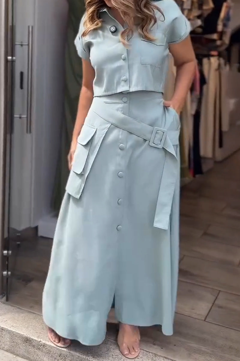 Women's Collar Top+ Patchwork Skirt Elegant Casual Set