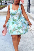 Women U-neck with Waistband Print Vacation Casual Style Mini Dresses