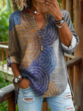 Women's Casual V-neck Washed Cotton Denim Shirt With Artistic Mandala Print
