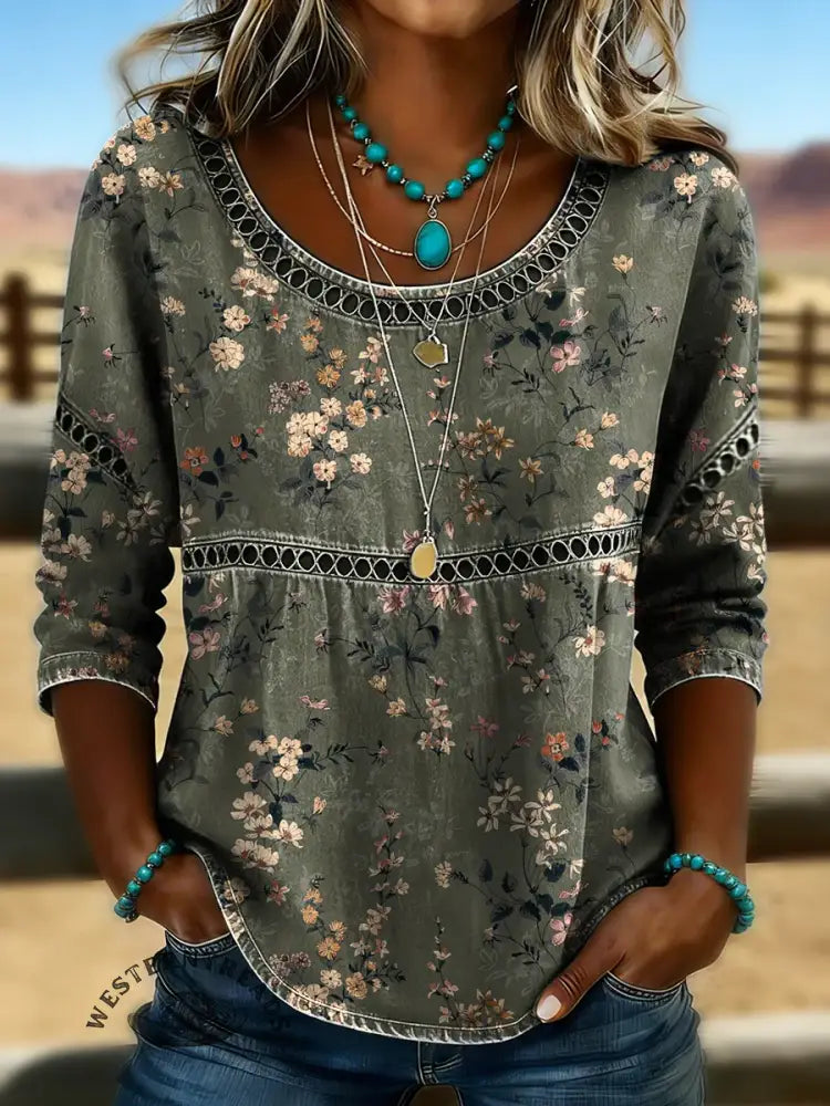 Retro Floral Print Casual Hollow Denim Shirt