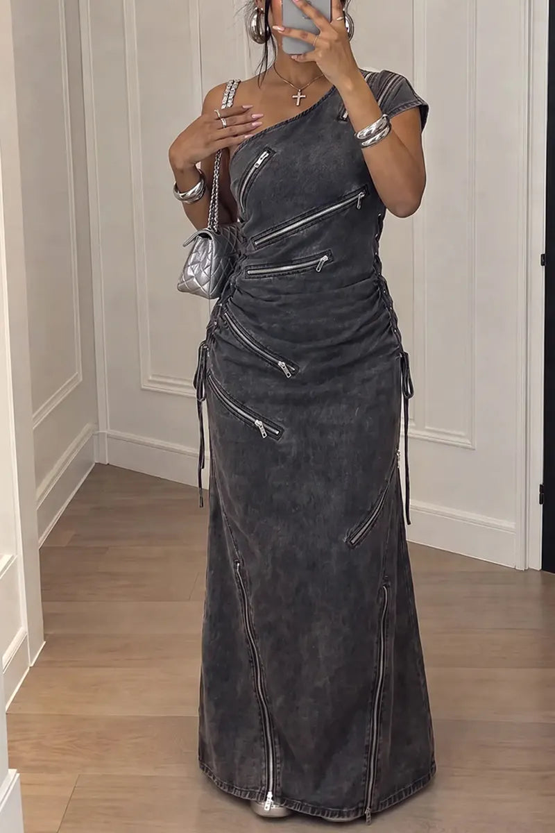 Women's Edgy Asymmetrical Multi Zipper Washed Black  Maxi Dress