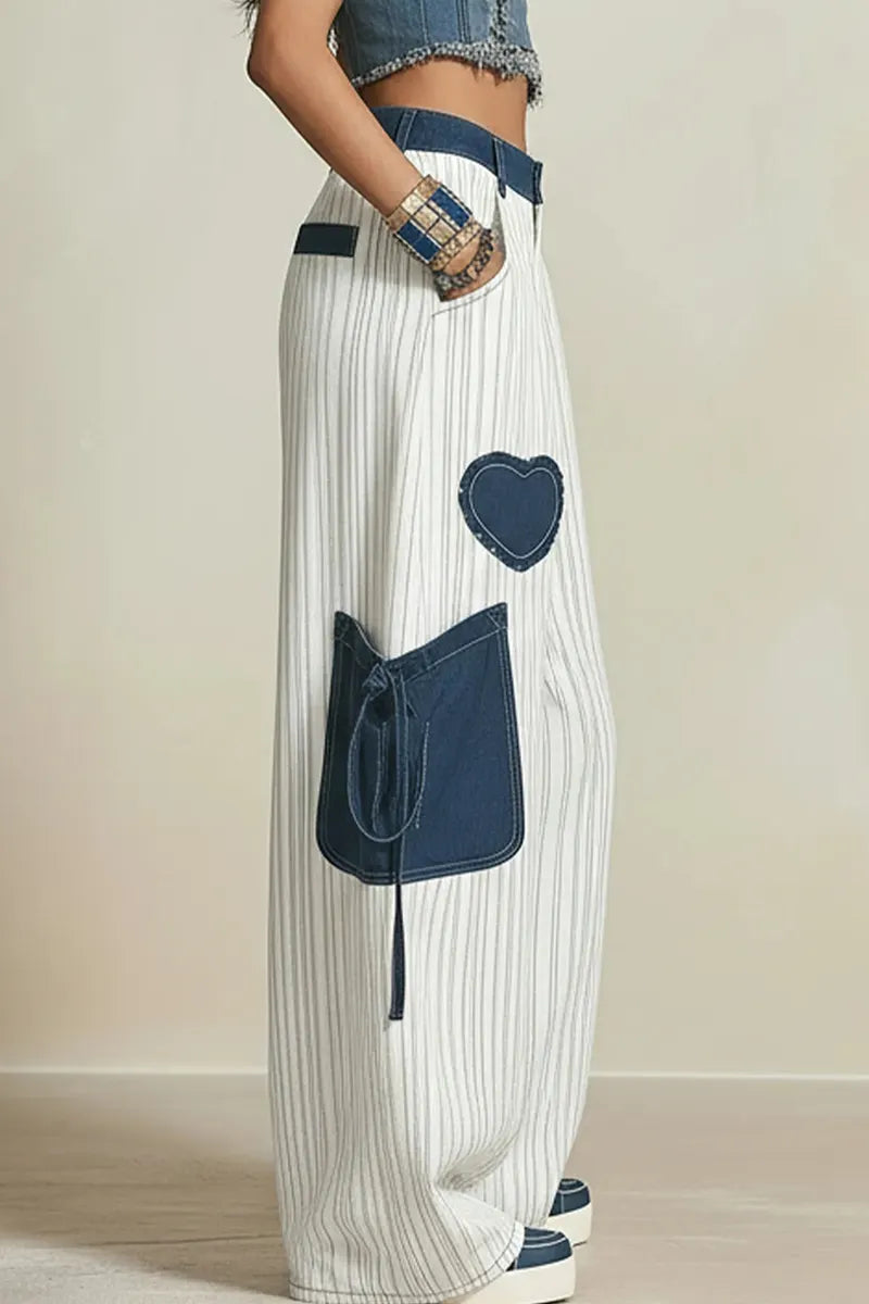 Women's Casual Color Blocked Wide Leg Jeans With Pockets And Drawstring