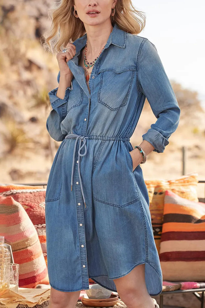 Women Classic Cotton Denim White Design Double Pocket Lapel Dress