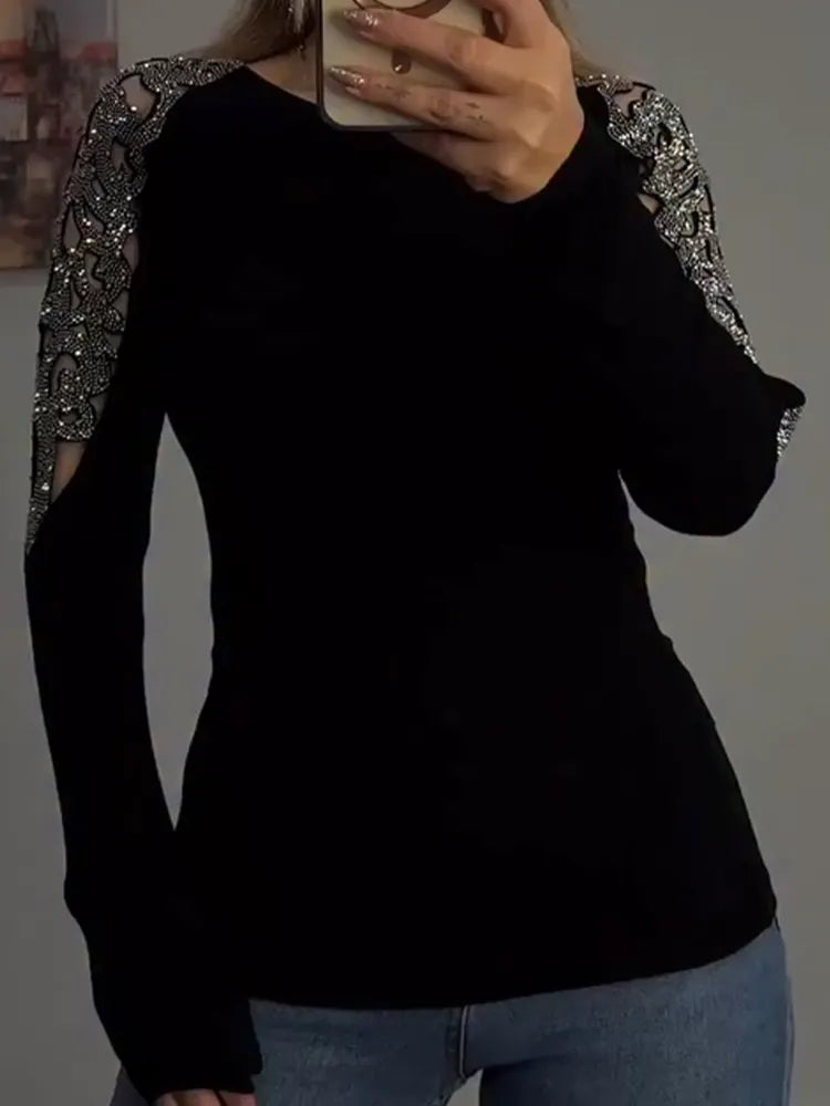 Women Round Neck Sleeves Hollowed Out Hot Stamping Rhinestone Casual Top