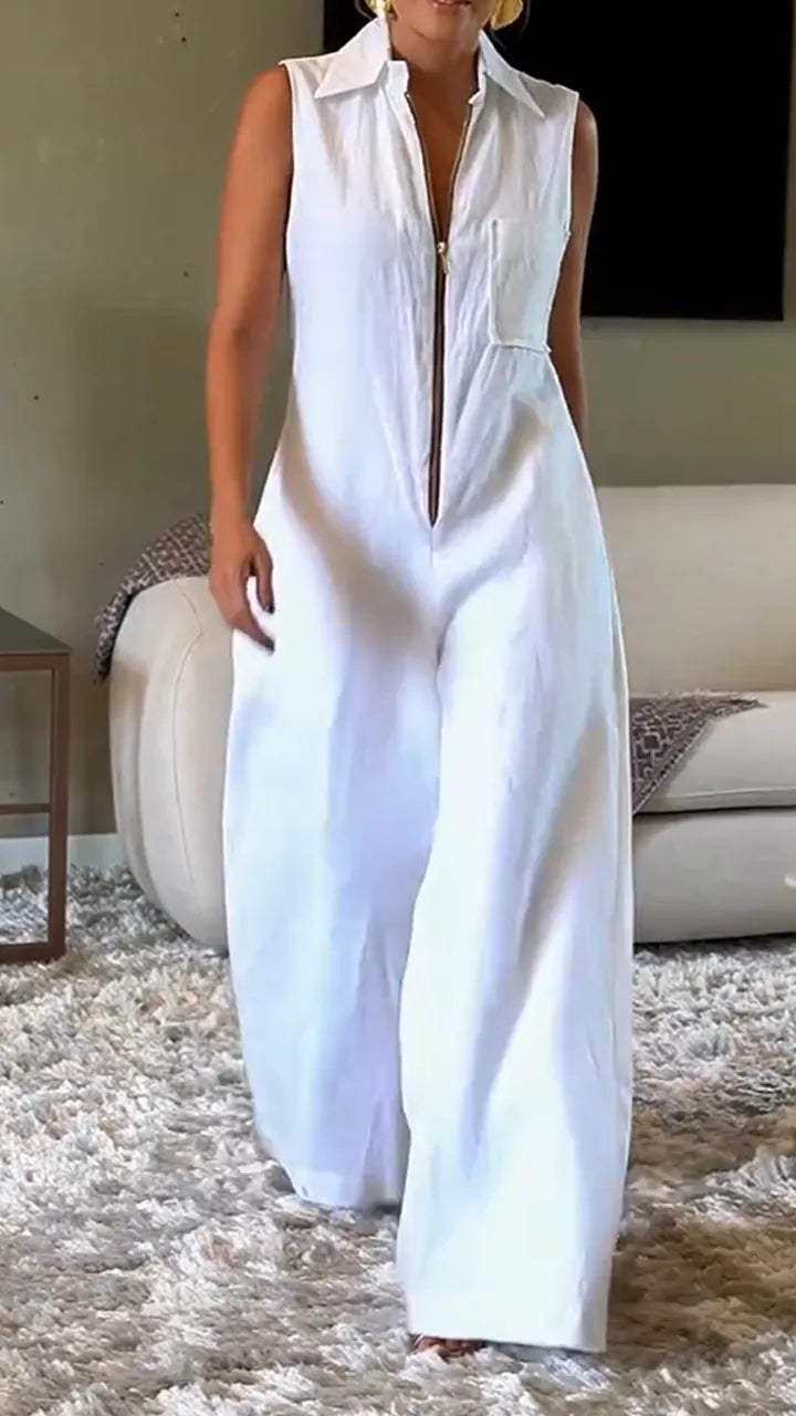 Women Collar Sleeveless Zipper Casual Temperament Wide Leg Jumpsuit