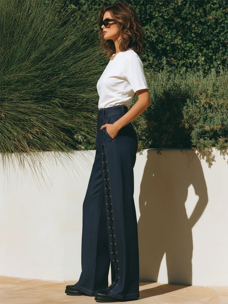 Resort Style Drawstring Loose Denim Pants