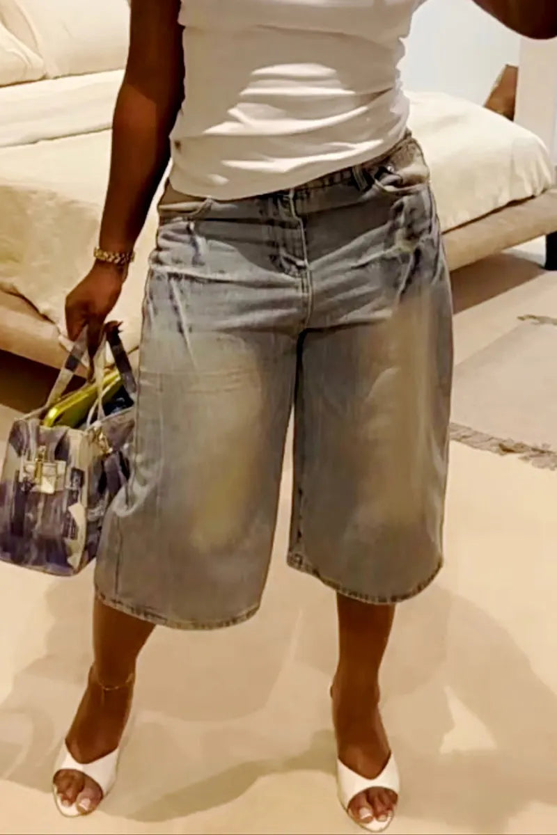 Women's Vintage Washed Light Fade Baggy Wide Leg Denim Capri Culottes