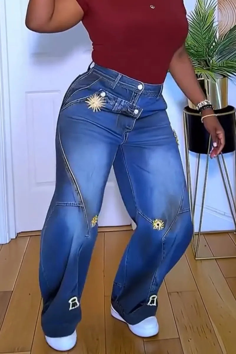Women Patchwork Washed Casual Wide Leg Jeans