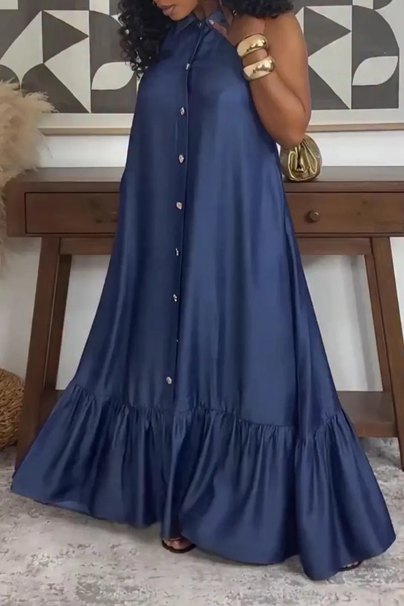 Women's Casual Single Breasted Flounce Hem Denim Dress