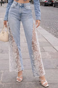 Women Vintage Denim High Rise Full Length White Floral Lace Inset Split Flared Denim Trousers