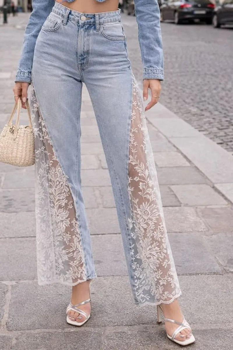 Women Vintage Denim High Rise Full Length White Floral Lace Inset Split Flared Denim Trousers