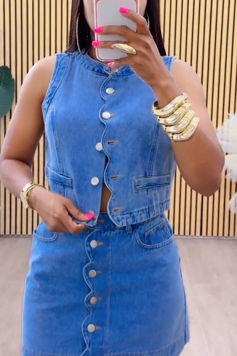 Women's Casual Wave Trim Denim Vest or Skirt
