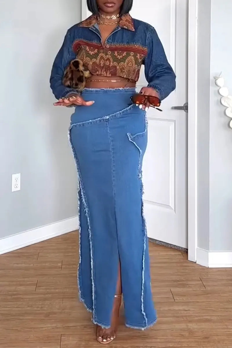 Women's Fashion Pattern Panel Cropped Denim Jacket or Denim Skirt