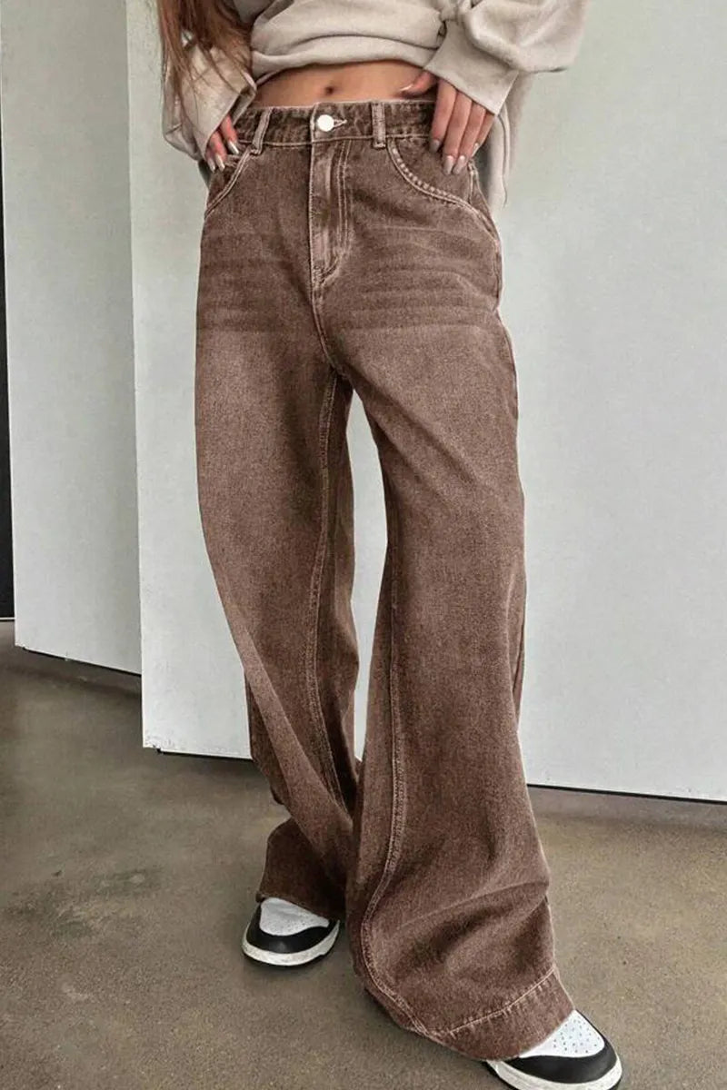 Women's Vintage Loose Fit Brown Wide Leg Jeans