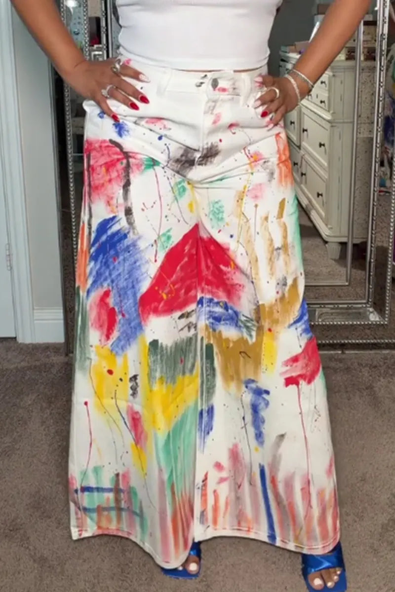 Women's Casual Printed Loose Wide Leg Jeans
