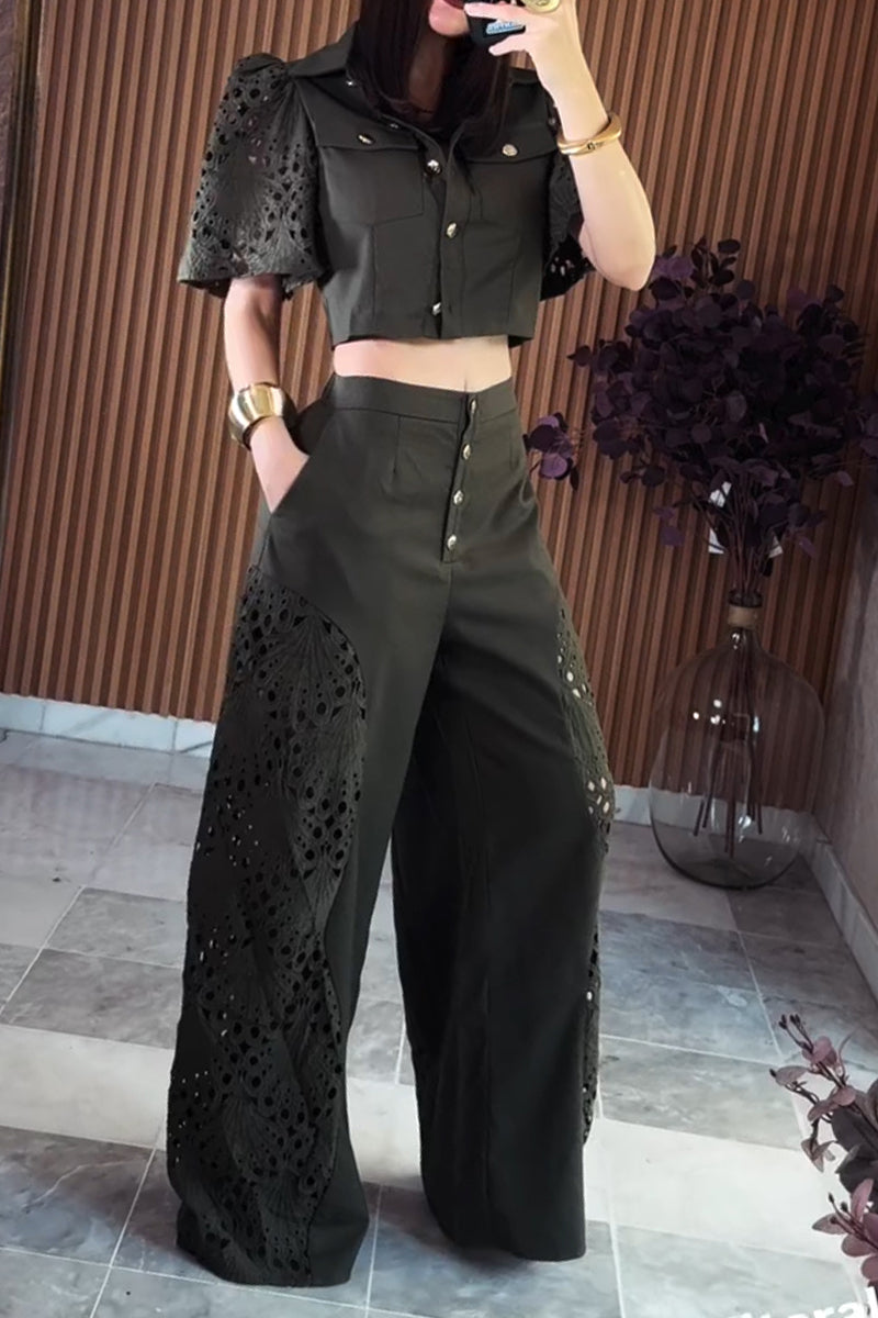 Women's Casual Pattern Cut-Out Sleeve Top or Cut-Out Patchwork Wide Leg Pants