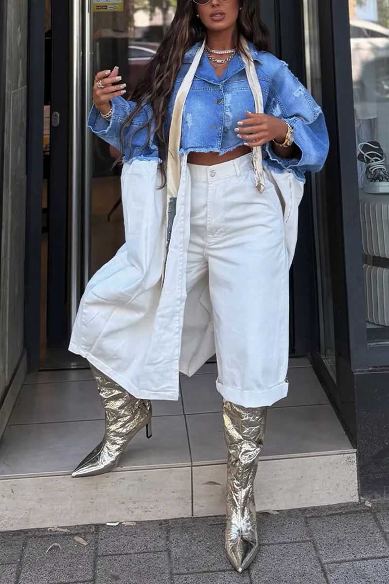 Women's Fashion Color Block Long Denim Top or Short Jeans