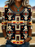 Women's Aztec Print Casual Hollow Denim Shirt