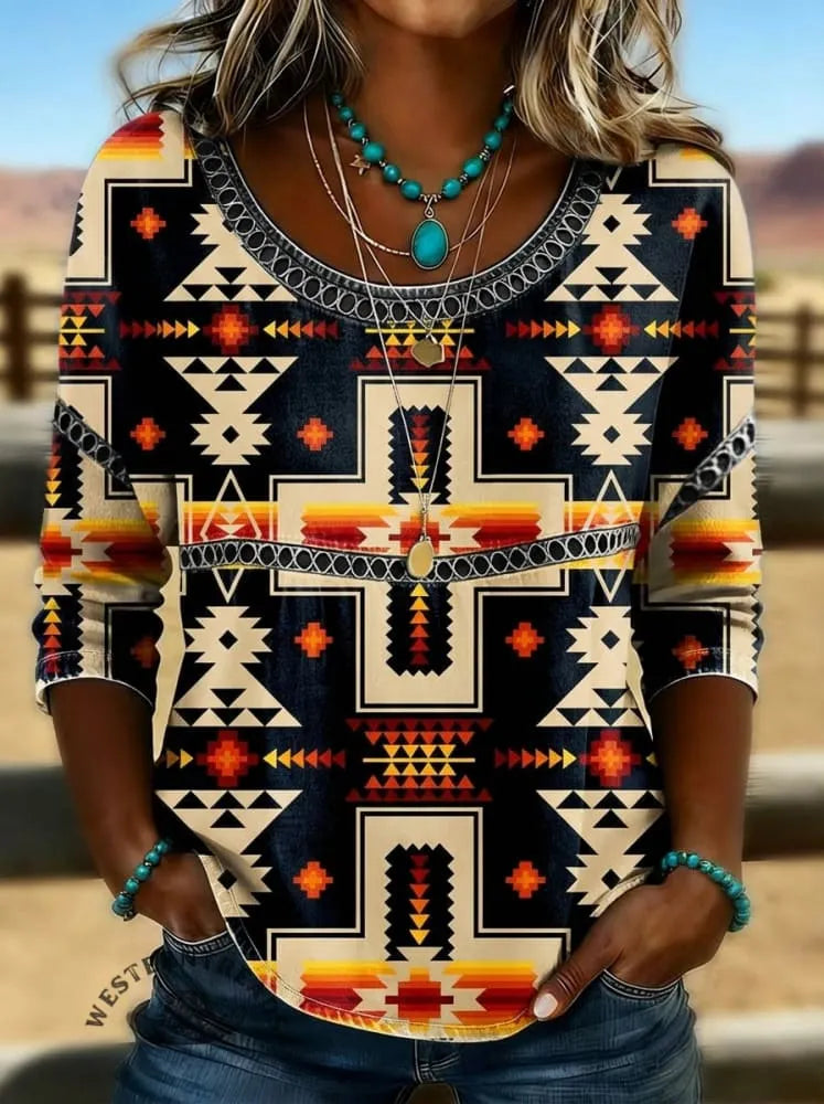 Women's Aztec Print Casual Hollow Denim Shirt