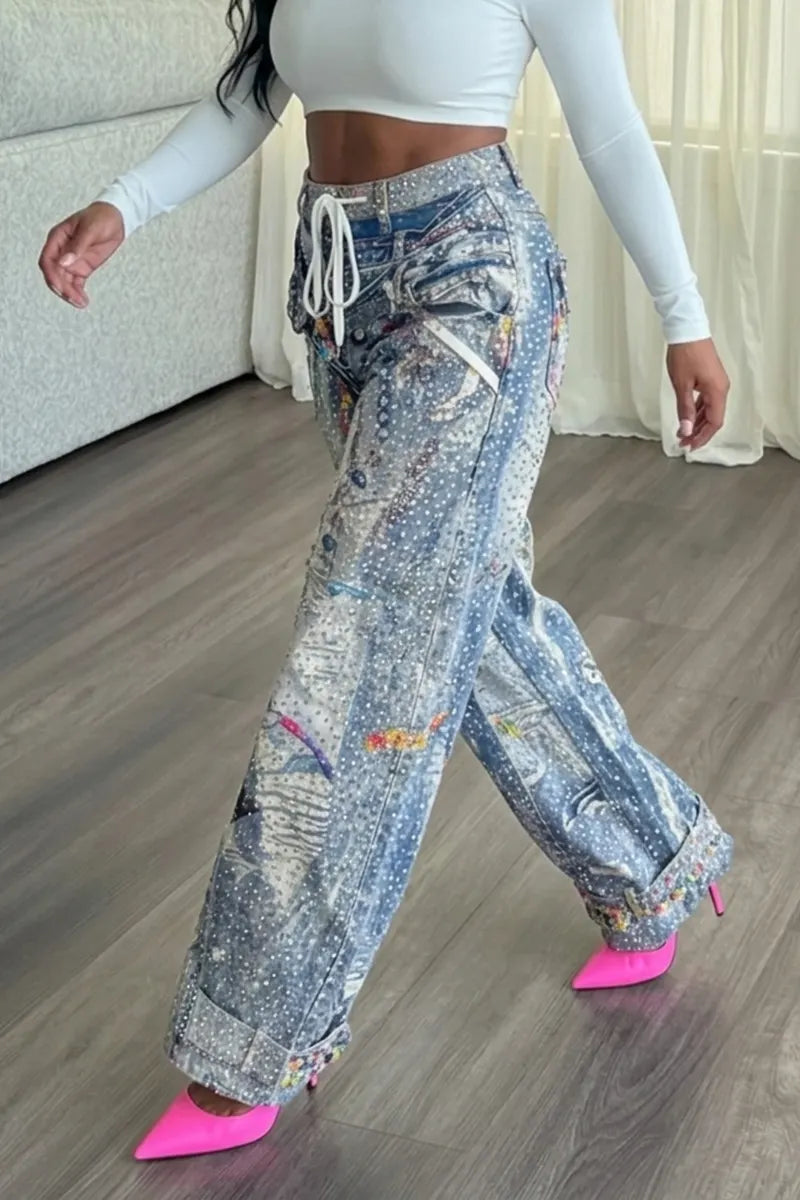Women's Street Style Printed Rhinestone Wide Leg Jeans