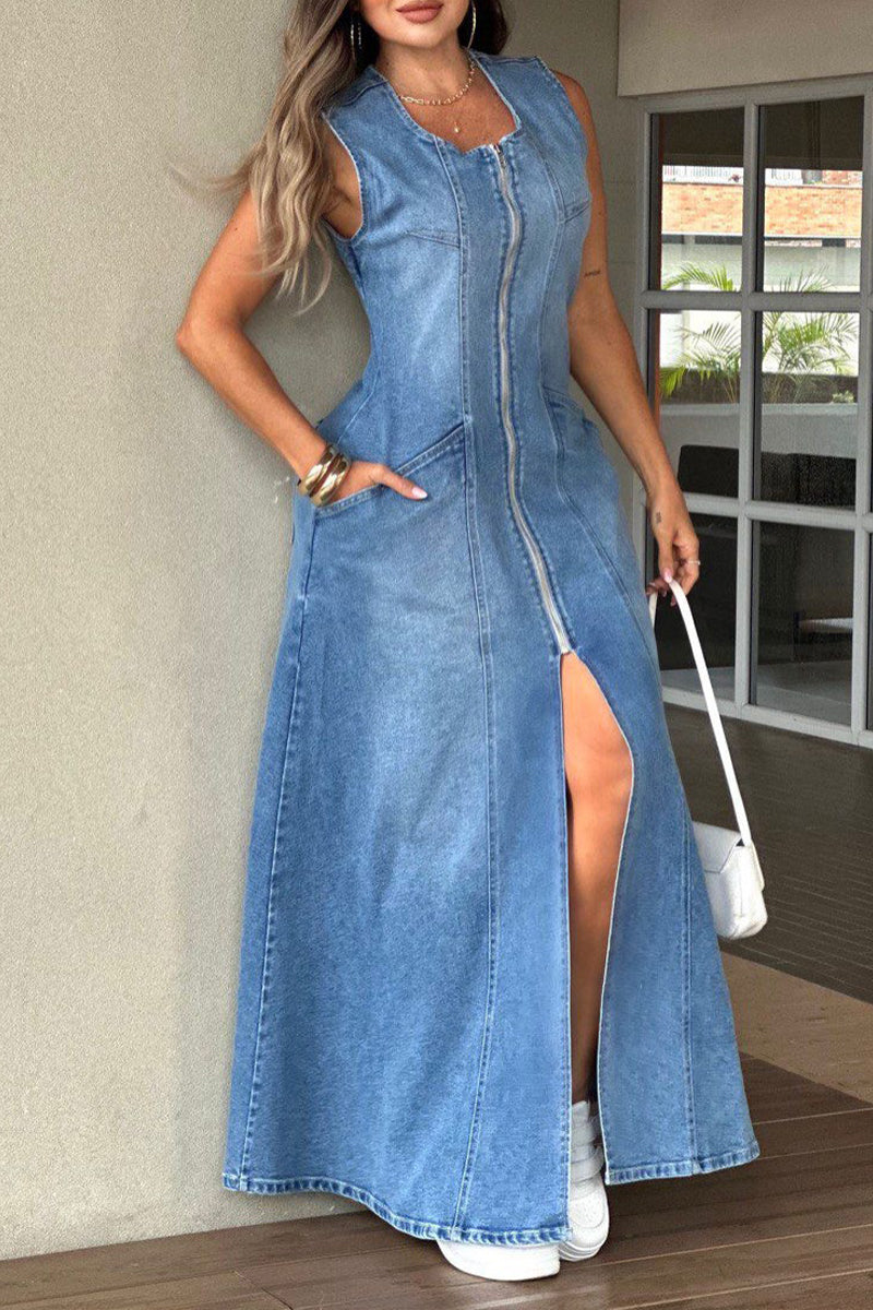 Women's Casual Zipper Slit Hem Denim Dress