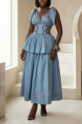 Women's Elegant V-Neck Vest Ruffle Hem Vest Skirt Two-Piece Set