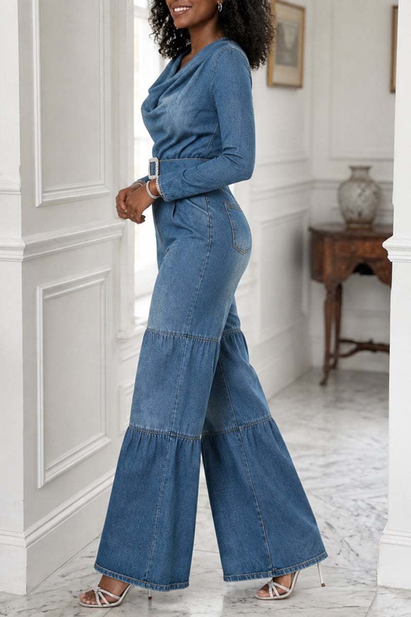Women's Elegant Cowl Neck Long Sleeve Belted Tiered Blue Jumpsuit