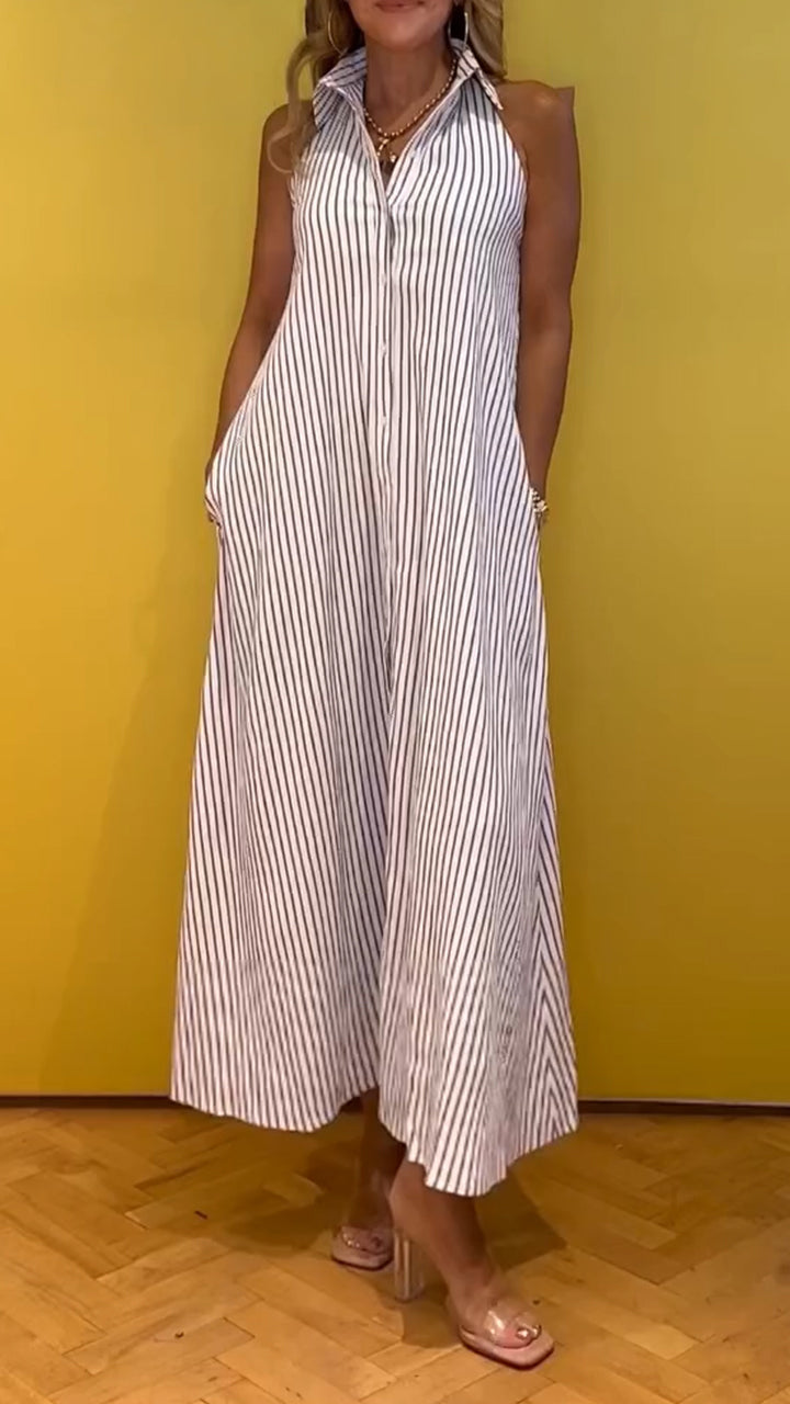 Ladies Collar Vertical Stripe Casual Dress
