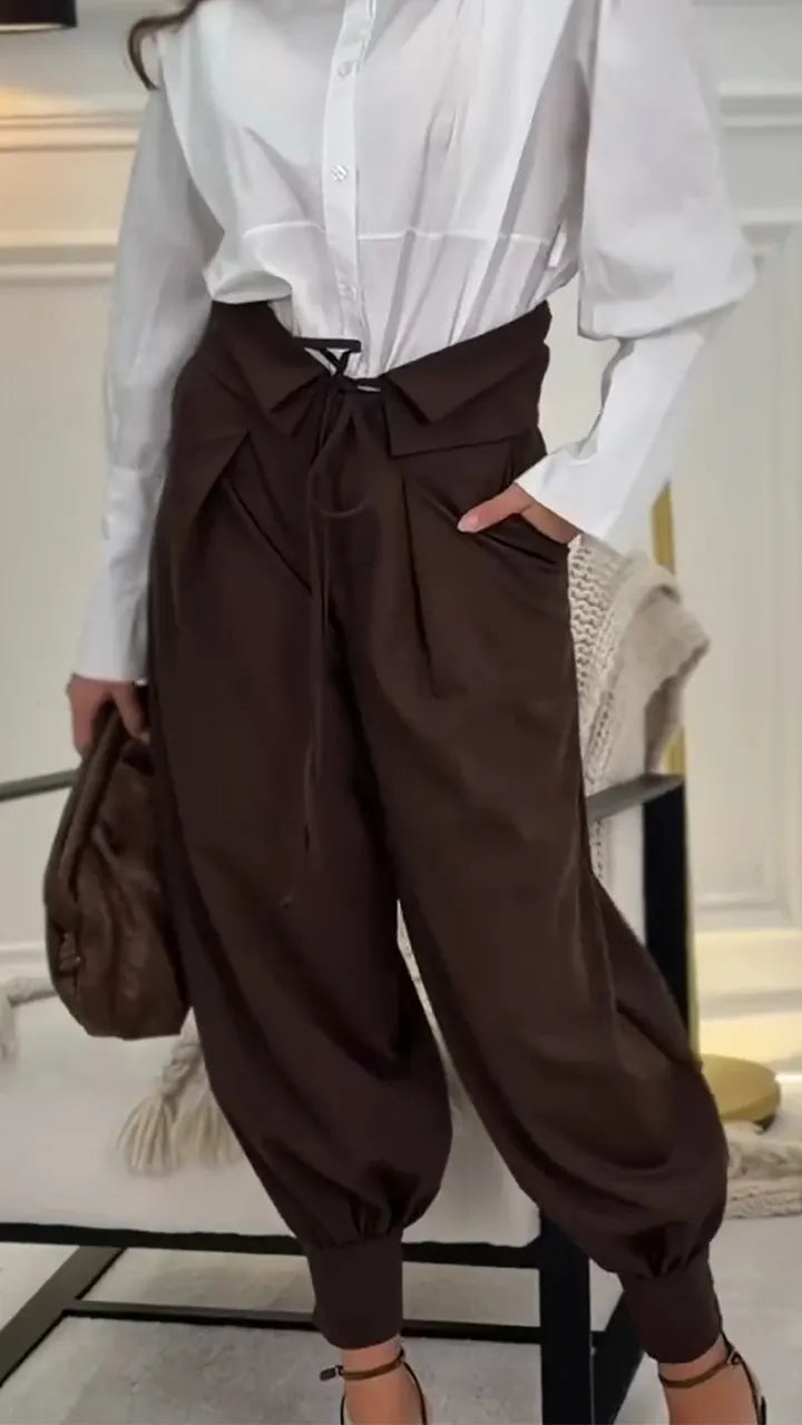 Women Drawstring Splicing Solid Color Casual Pants