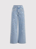Casual Loose Fit Beaded Straight Leg Jeans
