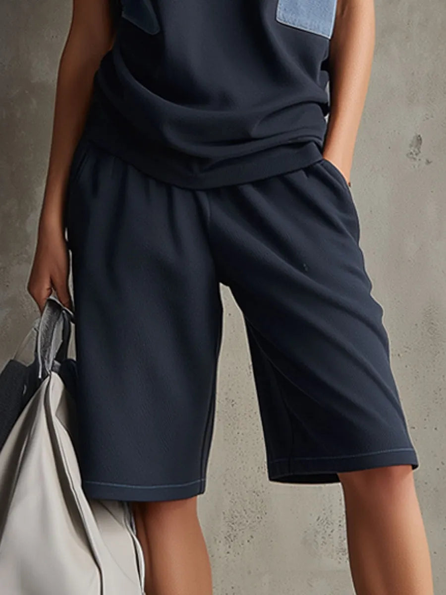 Casual Retro Denim Patchwork Navy Blue Short-sleeved Sweatshirt And Shorts Set