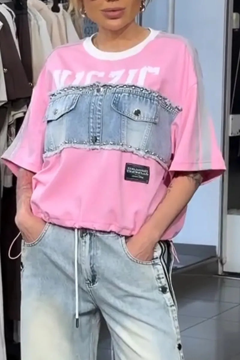 Women Round Neck Spliced Denim Top or Washed Denim Jeans