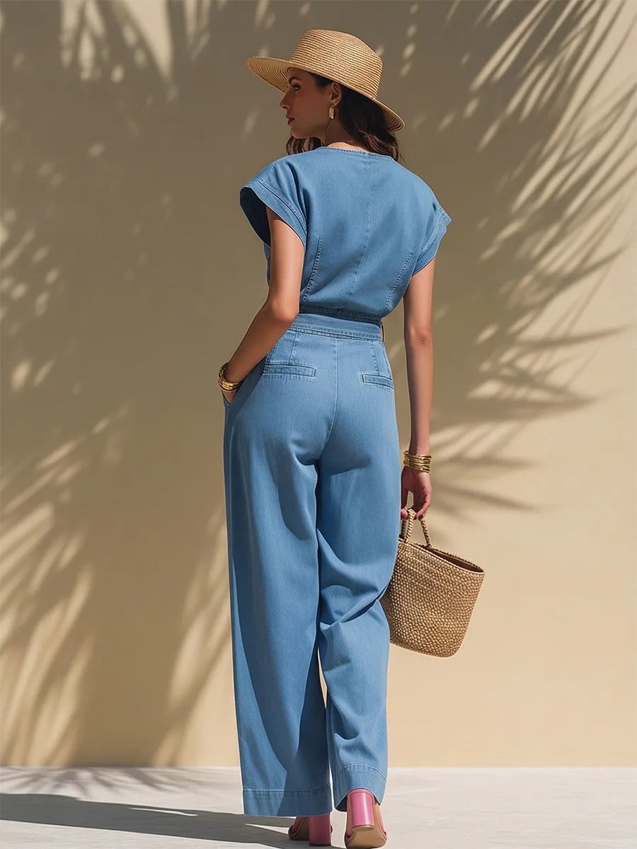 Trendy Vacation Sleeveless Top And Wide-leg Pants Denim Set