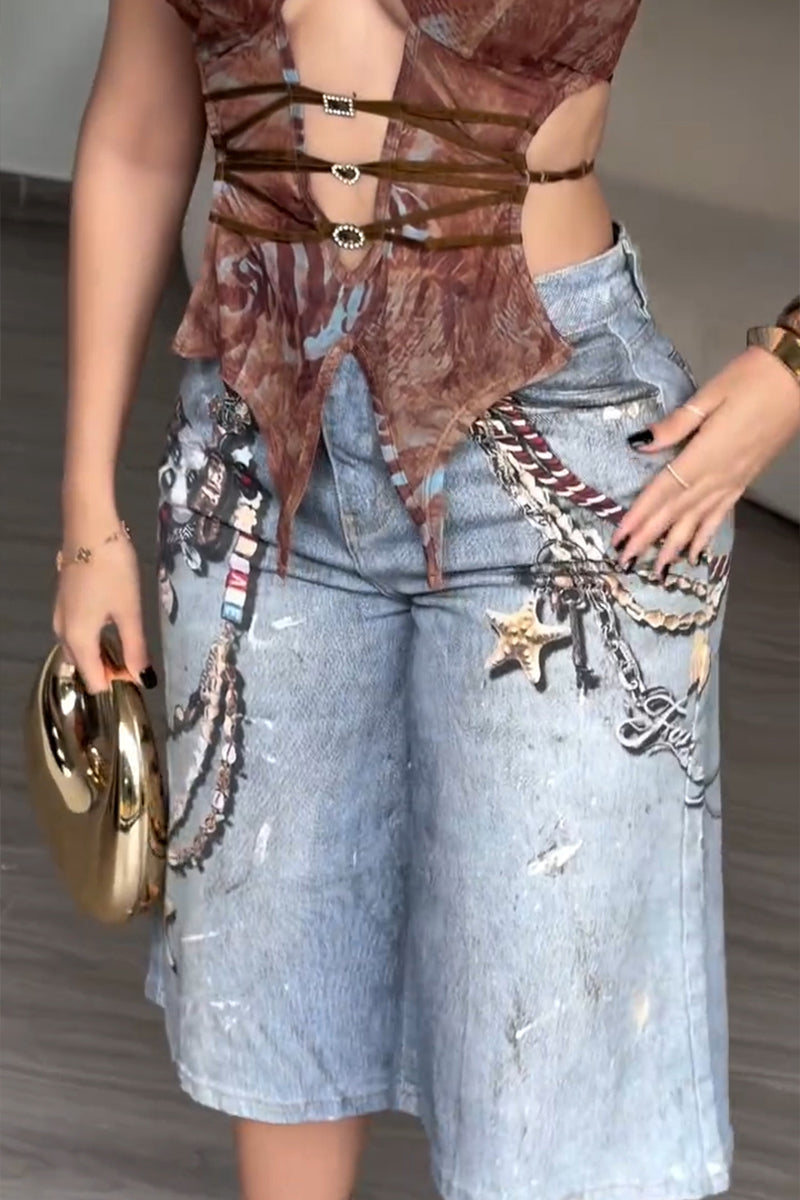 Women's Fashion Chain Pattern Print Wide Leg Short Jeans