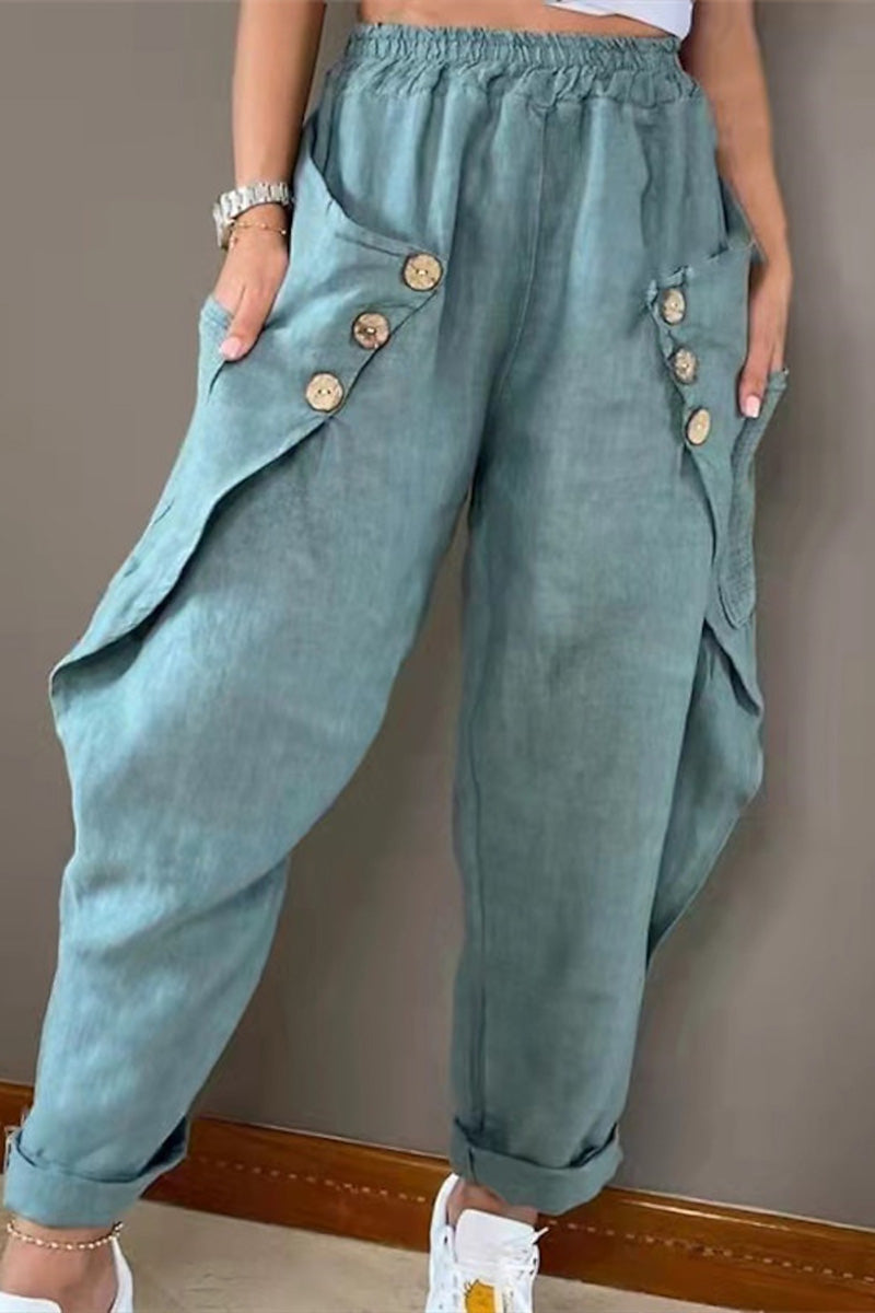 Women's Casual High-Waisted Harem Pants with Asymmetrical Pocket & Rolled Cuffs