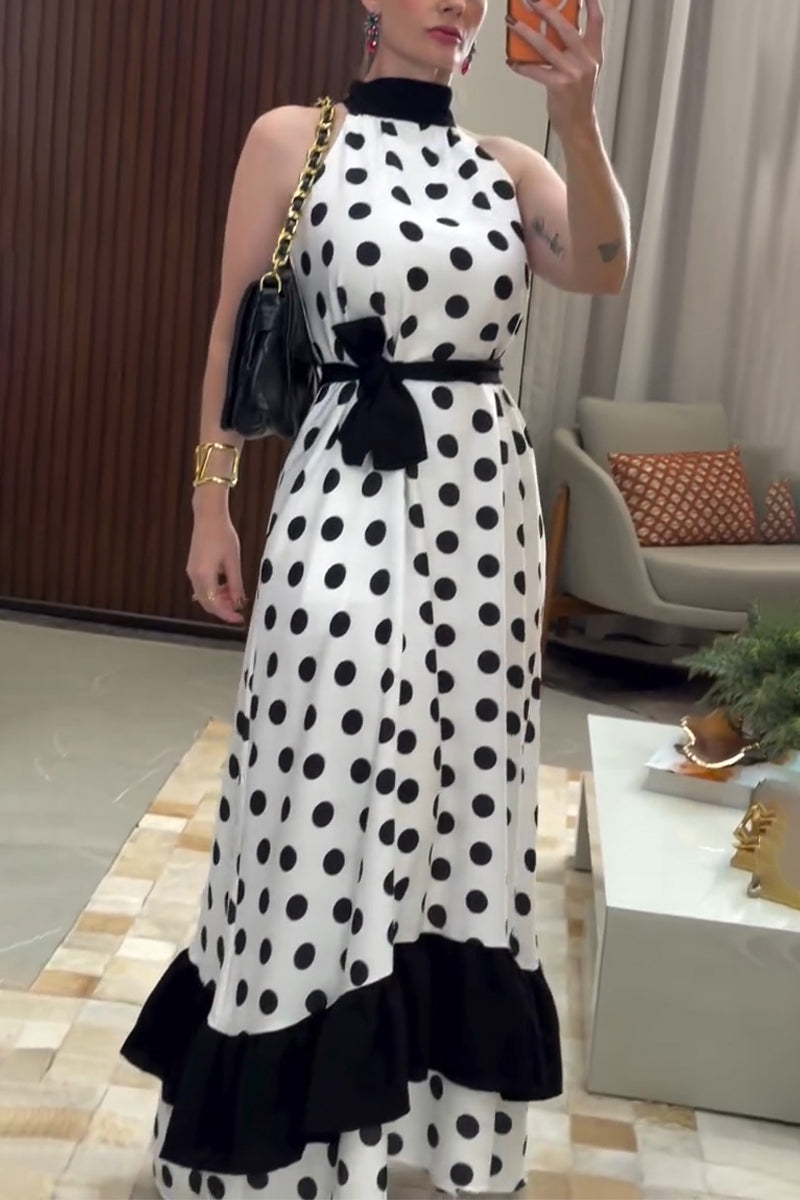 Women's Halter-Neck Cinched Waist Polka Dot Print Elegant Temperament Dress