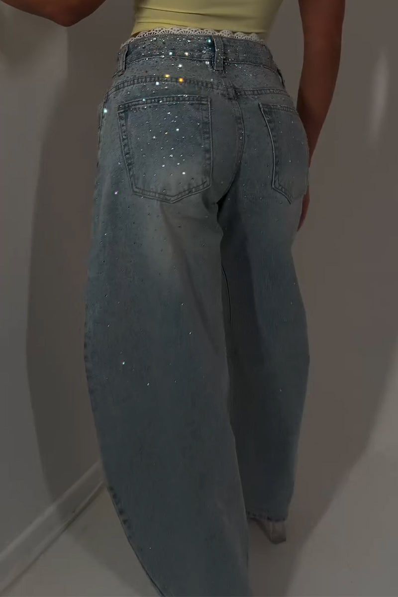 Women's Washed and Spliced Rhinestone Casual Jeans