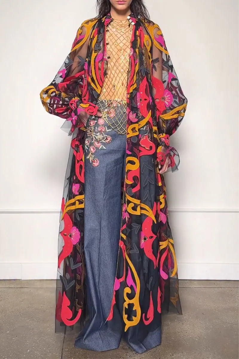 Women Printed Perspective Casual Long Cardigan