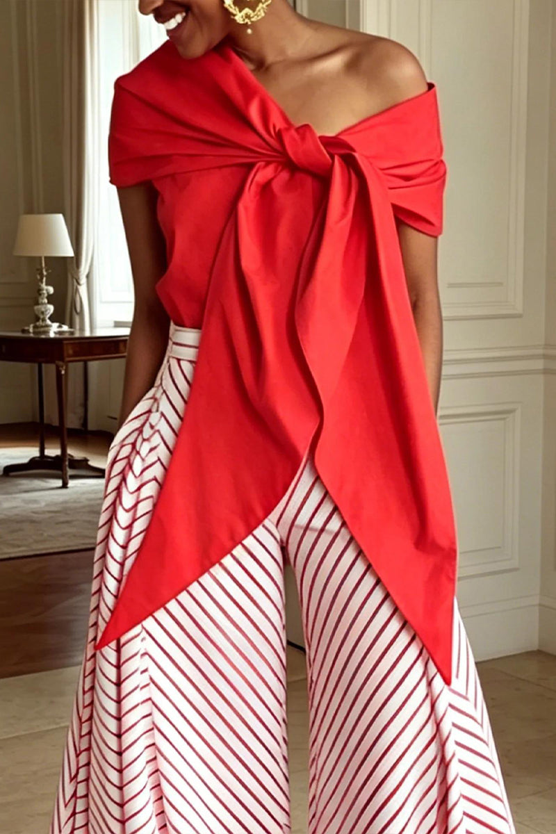 Women's Slanted Neck Solid Color Top or Striped Flared Pants